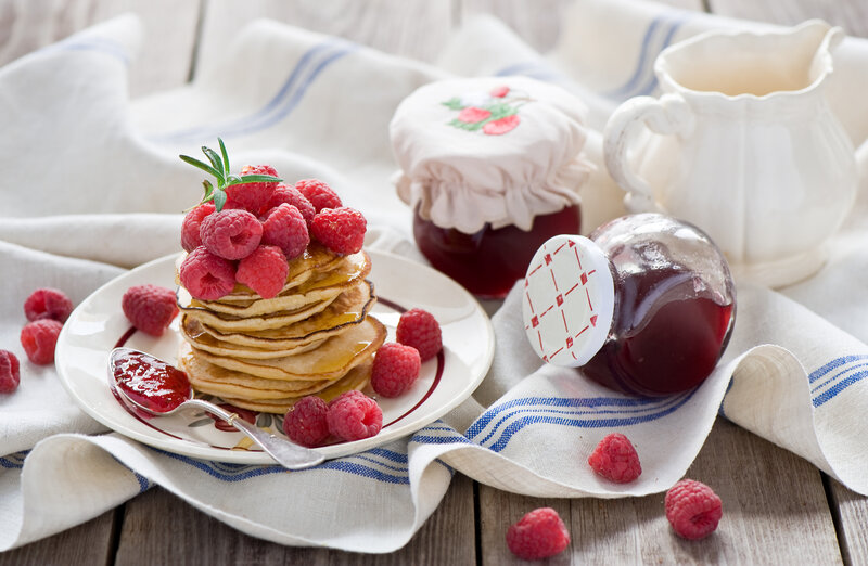 Stack of Pancakes with Raspberries — White, Homely