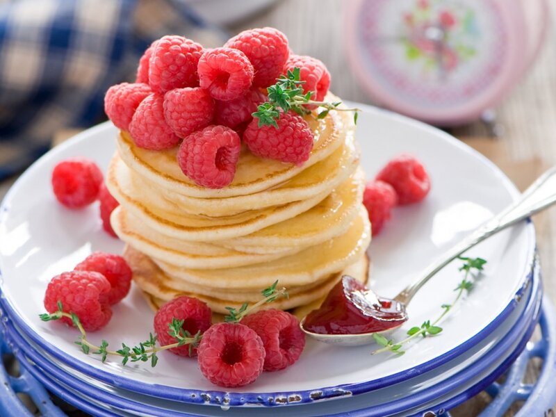 Stack of Pancakes with Raspberries — White