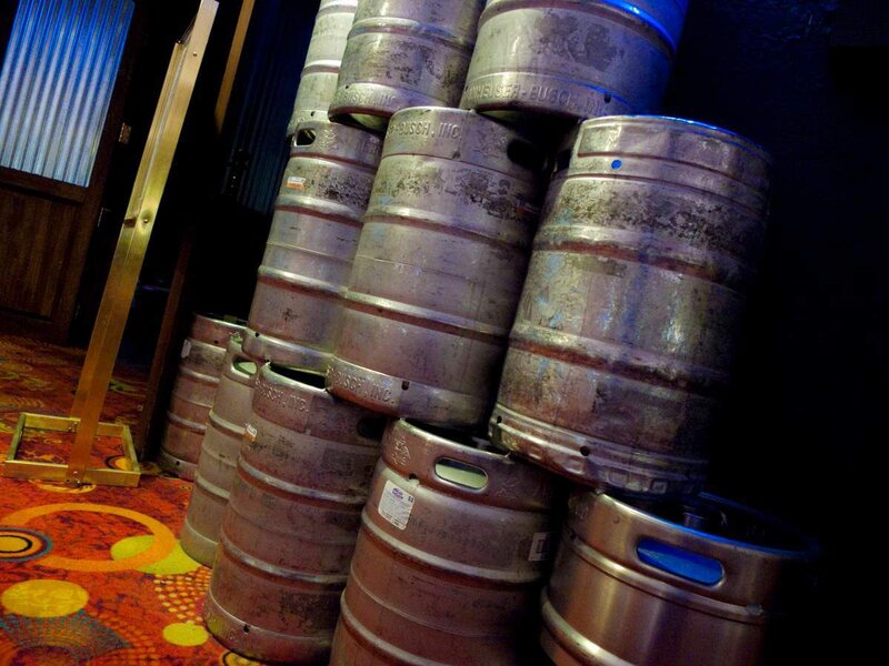 Stacked beer kegs in a bar