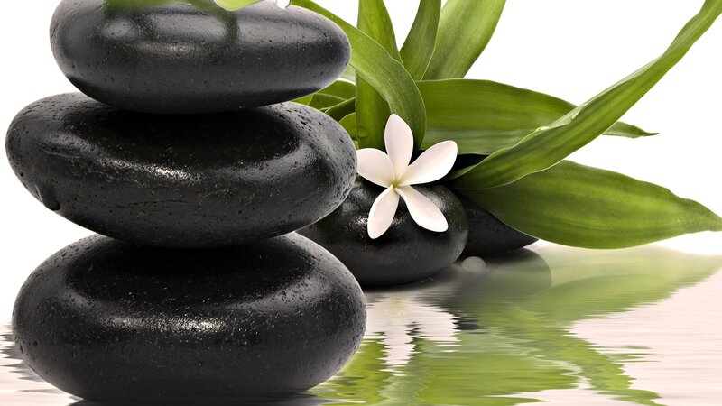 Stacked Black Stones — Serene, Photograph, Flower, Leaves, Water