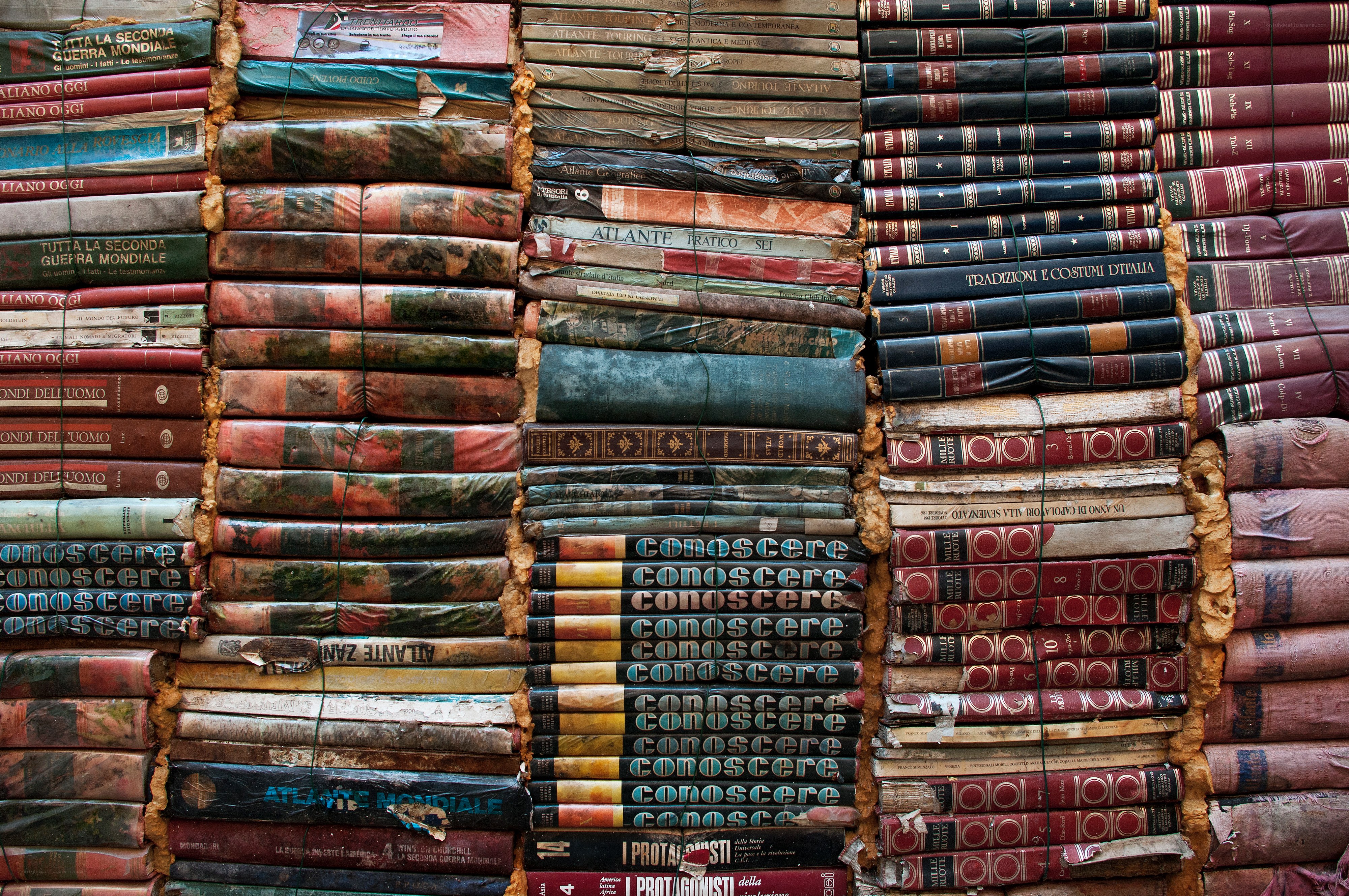 stacked books in a wall