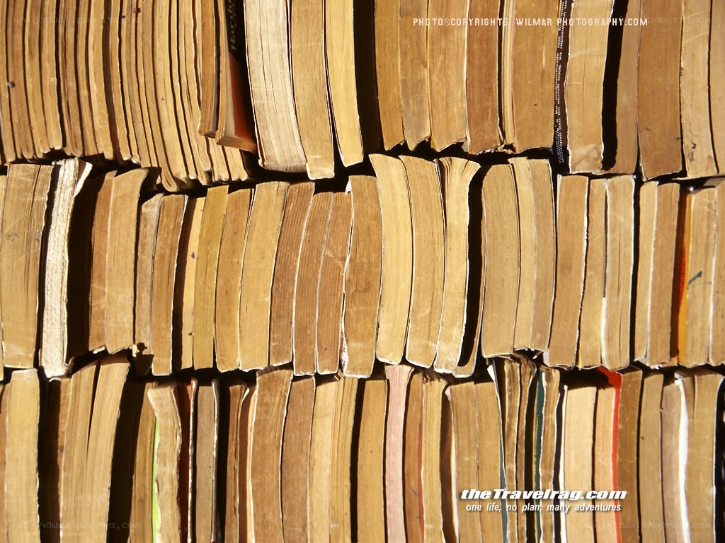 stacked books in sunlight