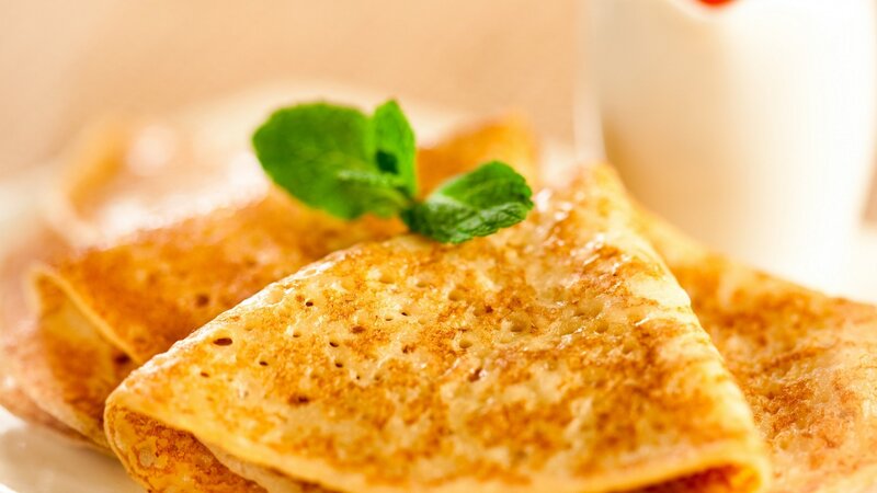 Stacked Crepes with Mint — Yellow, Appetizing, Morning, Photograph, Plate, Glass
