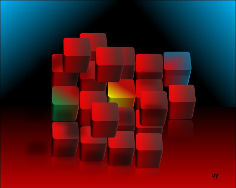 Stacked Cubes in Dark Room