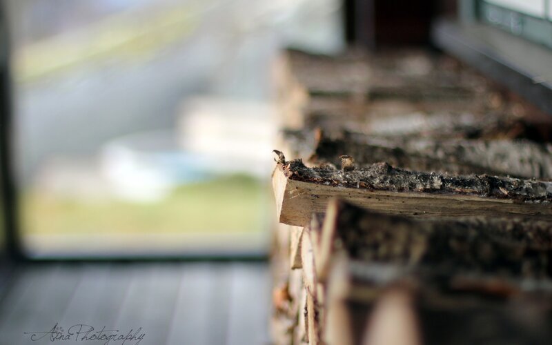 stacked firewood by window