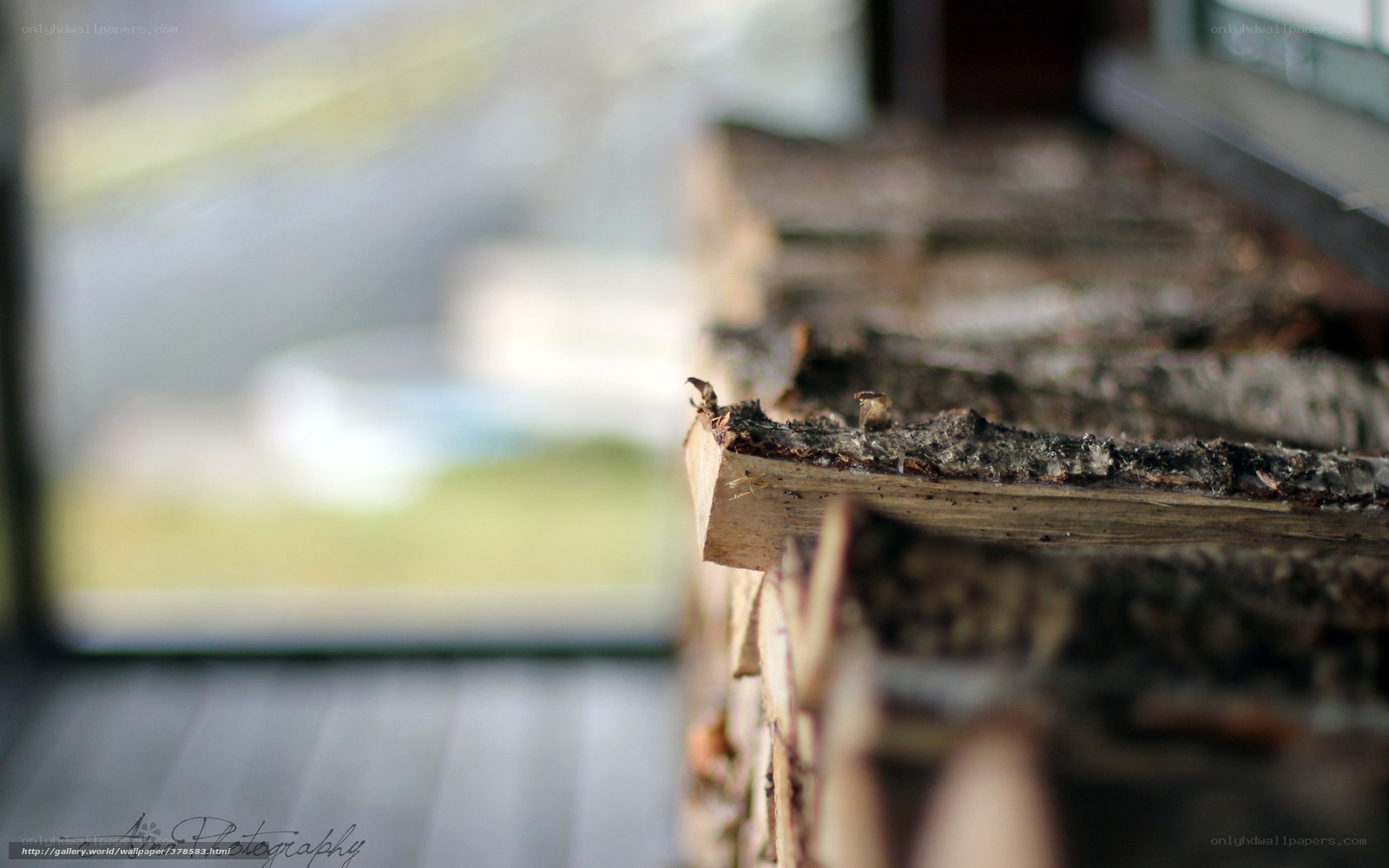 stacked firewood by window