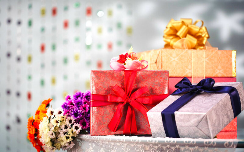 Stacked Gift Boxes — Red, Festive, Photograph, Flowers