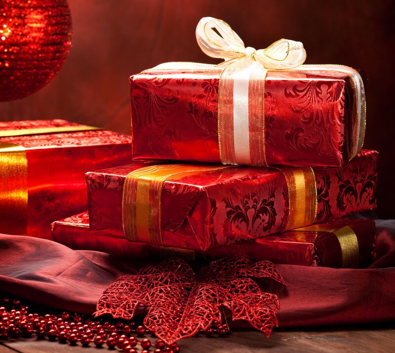 Stacked Gift Boxes — Red, Festive, Photograph, Red Ornaments
