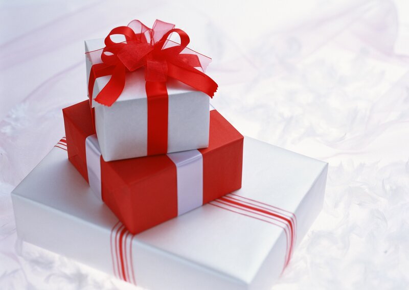 Stacked Gift Boxes — Red, Festive, Photograph, Ribbon