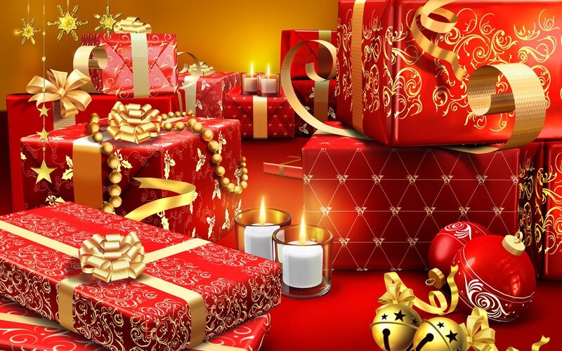 Stacked Gift Boxes — Red, Festive, Winter, Digital Art