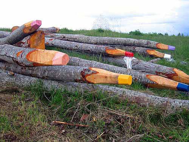 stacked logs with painted ends