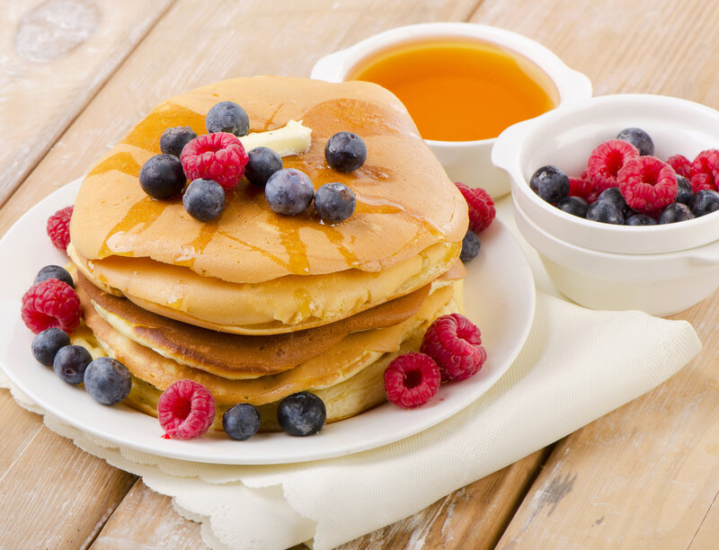 Stacked Pancakes with Berries — Brown, Appetizing