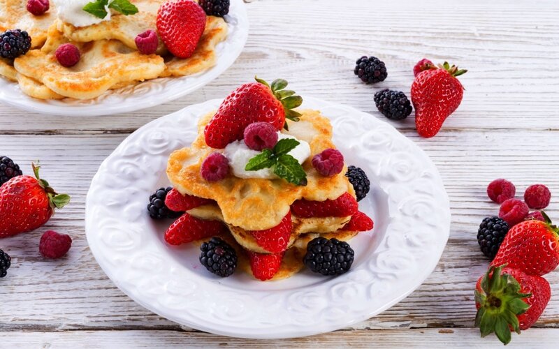 Stacked Pancakes with Berries — White, Appetizing