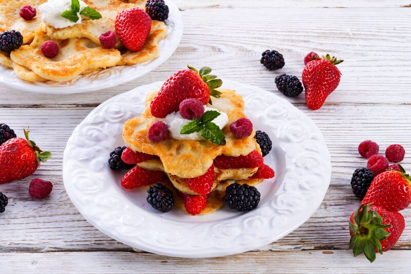 Stacked Pancakes with Berries — White, Fresh