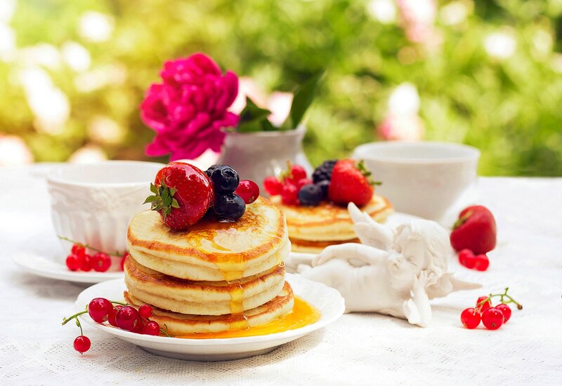 Stacked Pancakes with Berries — White, Serene