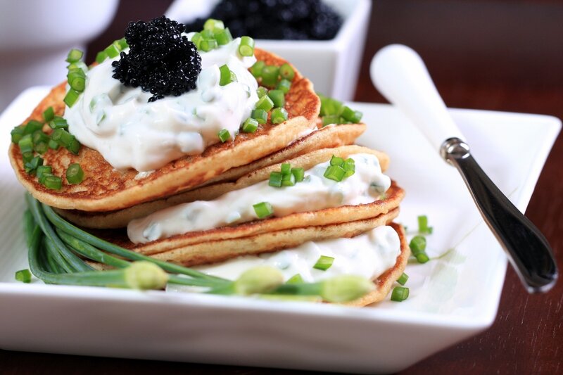 Stacked Pancakes with Caviar