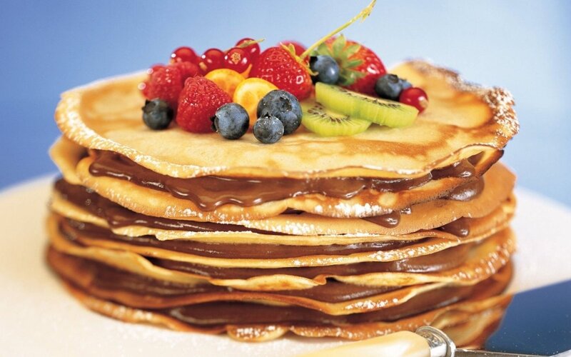 Stacked Pancakes with Fruit — Yellow, Appetizing