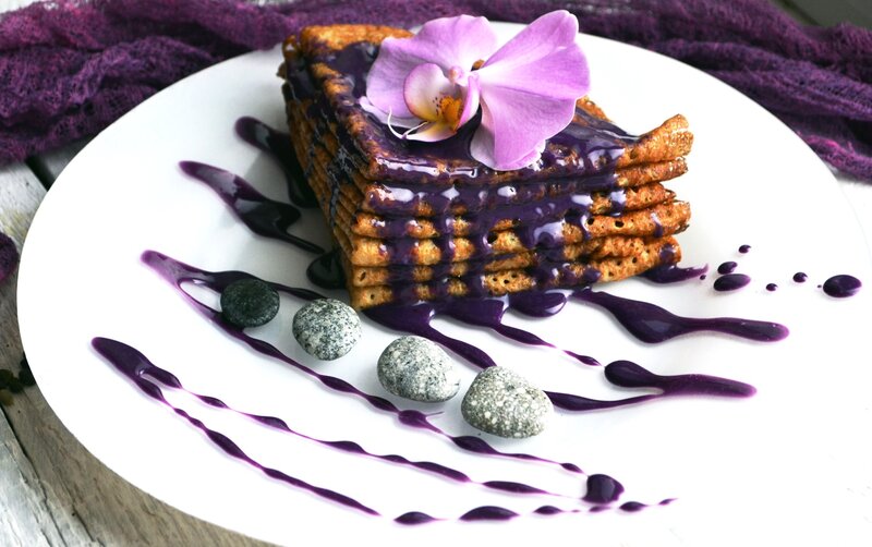 Stacked Pancakes with Purple Sauce