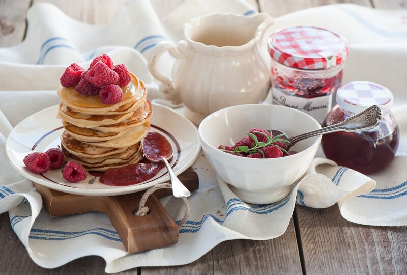 Stacked Pancakes with Raspberries