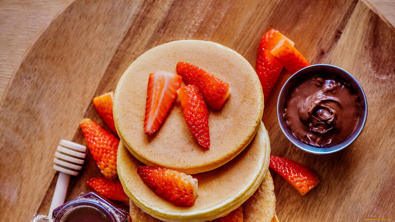 Stacked Pancakes with Strawberries — Brown