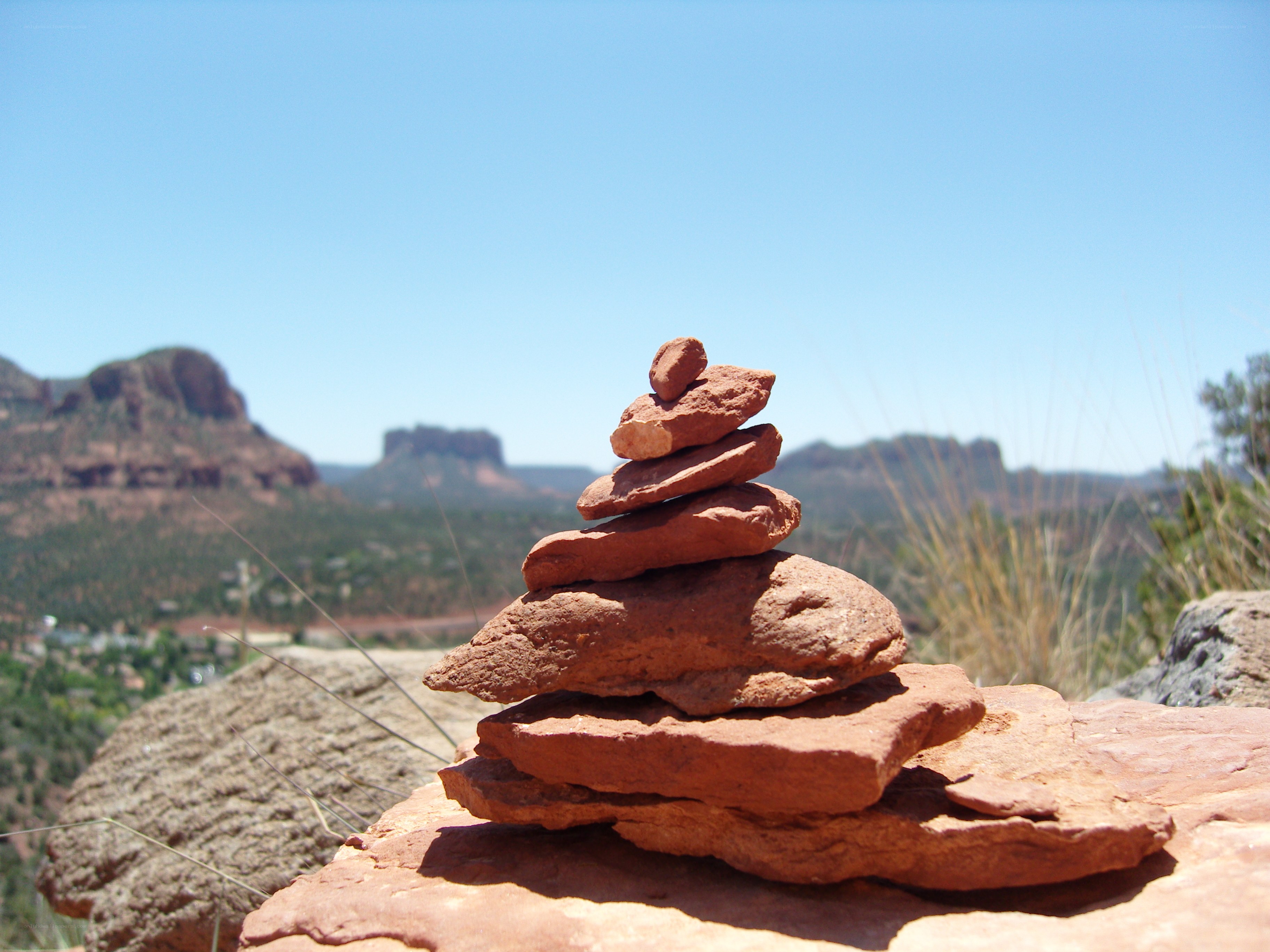 Stacked rocks in desert landscape