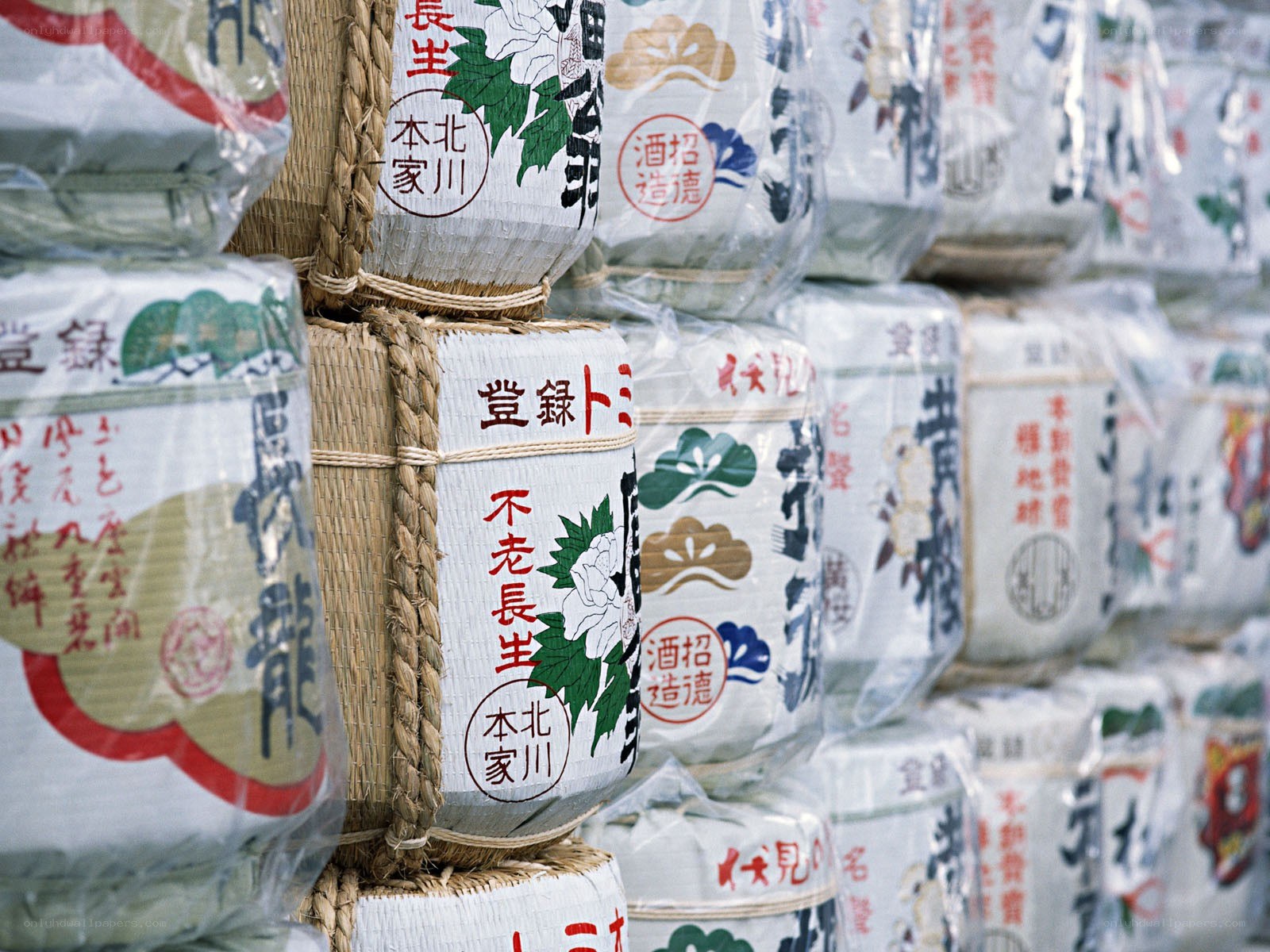 stacked sake barrels at a shrine