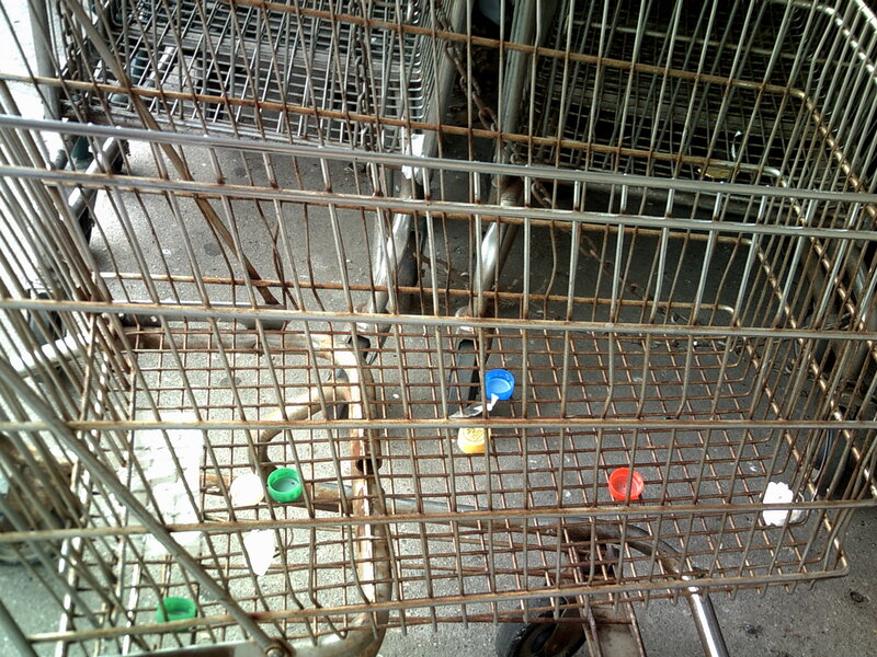 stacked shopping carts with bottle caps