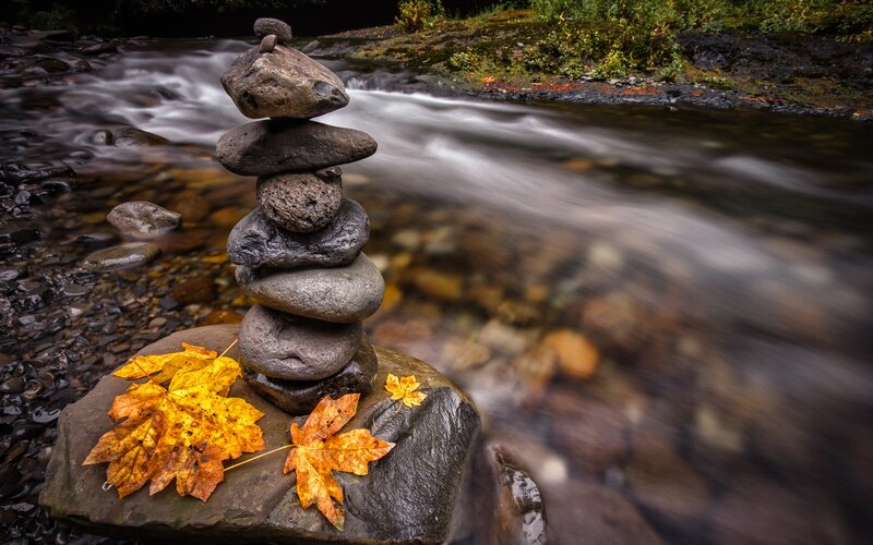 Stacked Stones in Stream — Gray