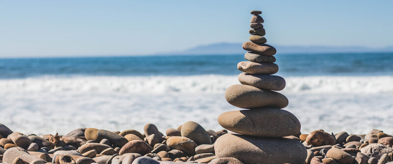 Stacked Stones on Beach — Blue, Serene, Afternoon, Photograph, Ocean