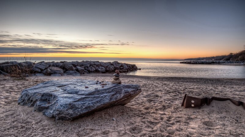 Stacked Stones on Beach — Gray, Serene, Sunset