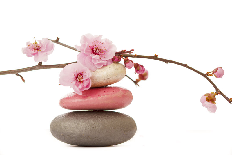 Stacked Stones with Blossoms