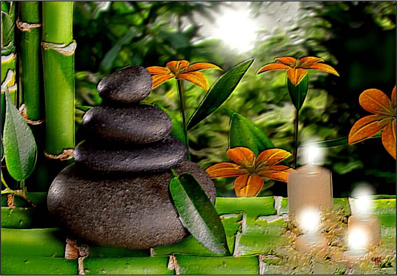 Stacked Stones with Flowers — Green, Serene