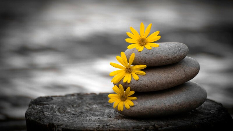 Stacked Stones with Flowers — Yellow, Serene