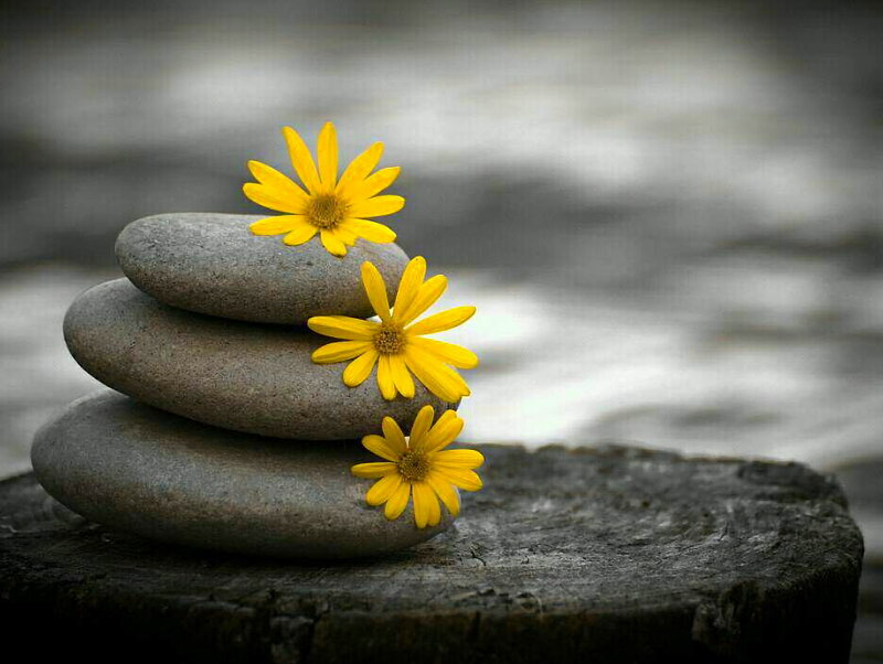 Stacked Stones with Flowers — Yellow
