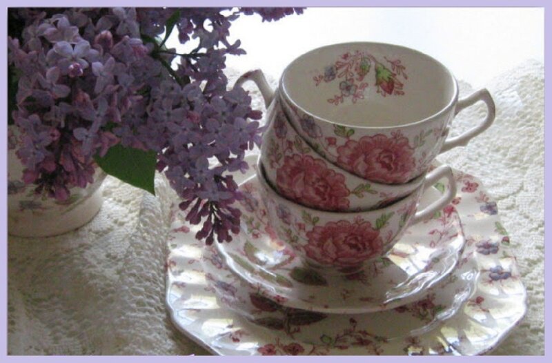 Stacked Teacups and Lilacs