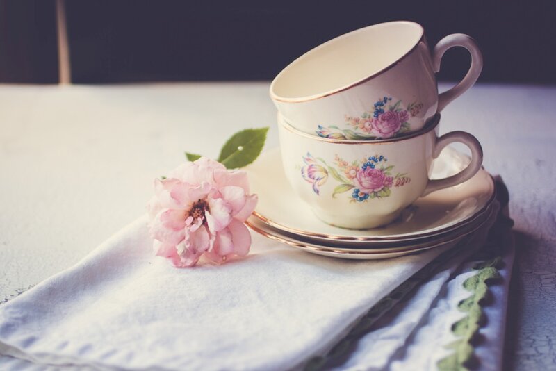 Stacked Teacups with Flower — White