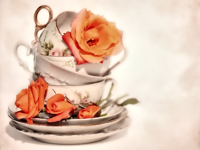 Stacked Teacups with Roses — Orange