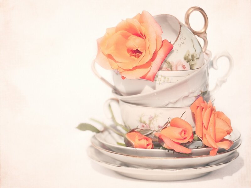 Stacked Teacups with Roses — White, Serene