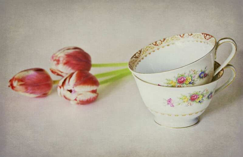 Stacked Teacups with Tulips