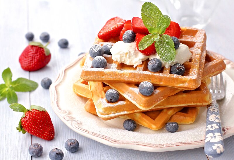 Stacked Waffles with Berries — White, Fresh