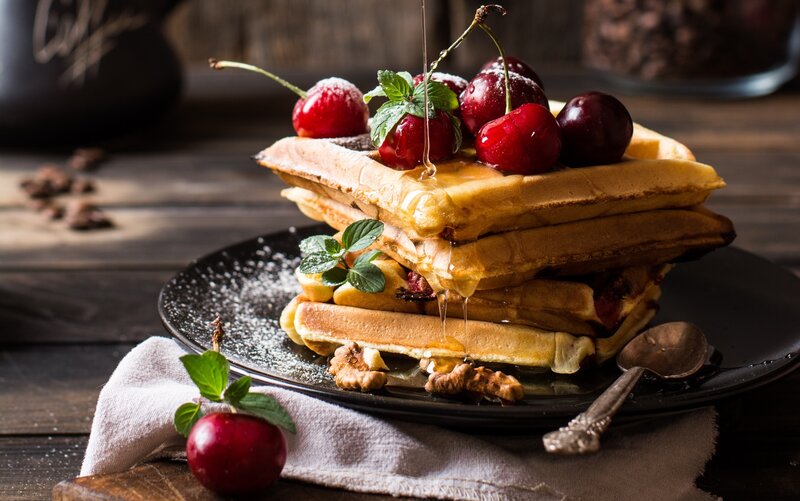 Stacked Waffles with Cherries