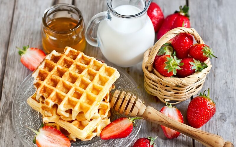 Stacked Waffles with Strawberries — Brown