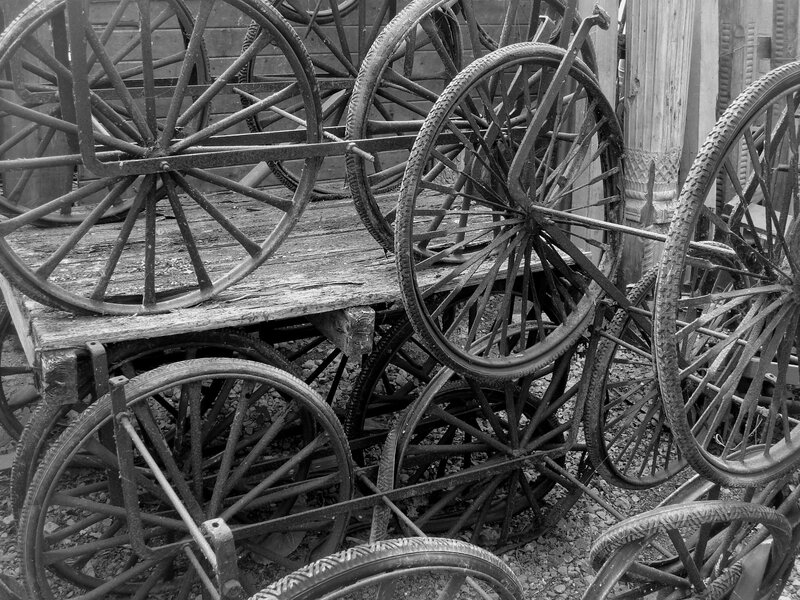 stacked wagon wheels