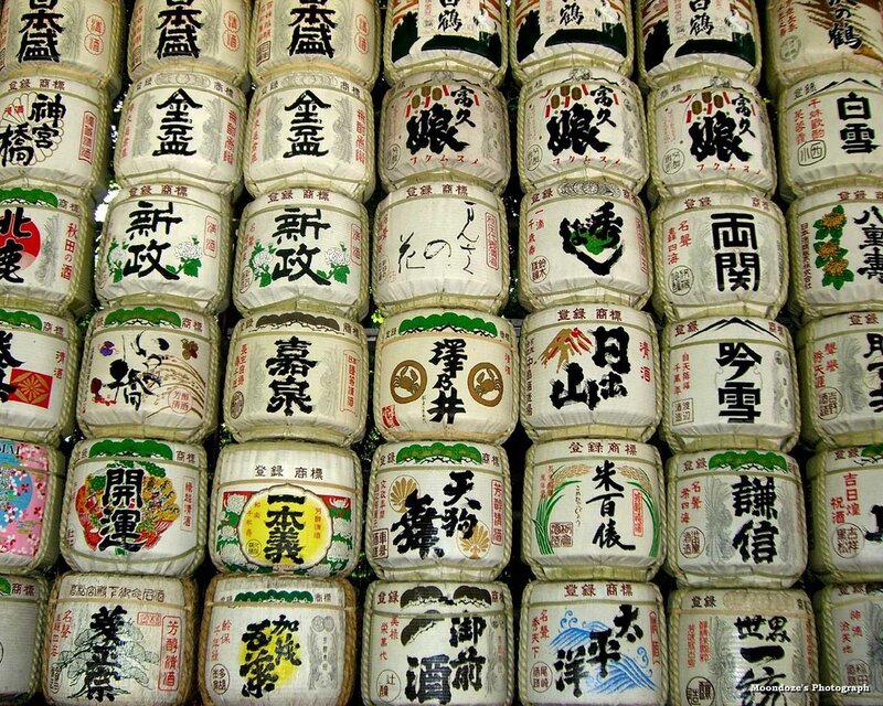 Stacks of Japanese sake barrels