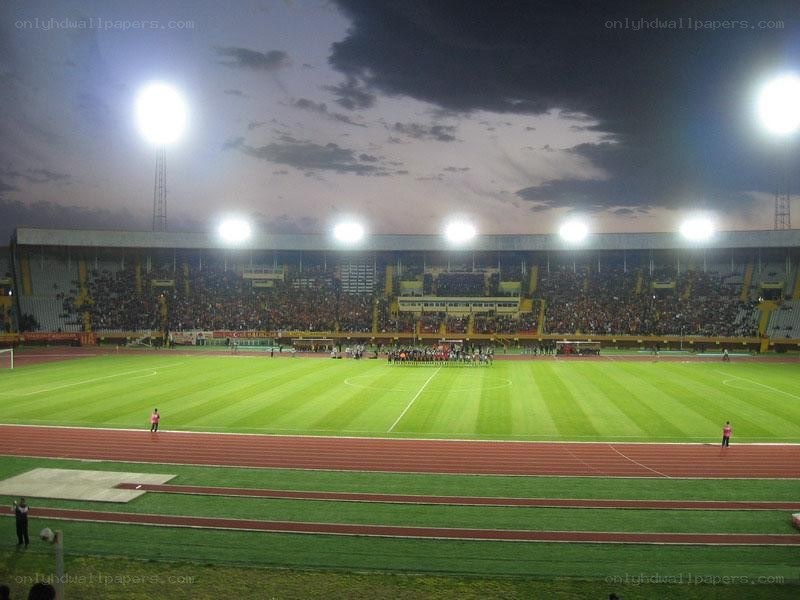 Stadium at dusk with fans