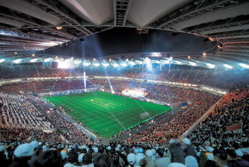 Stadium at night during a match
