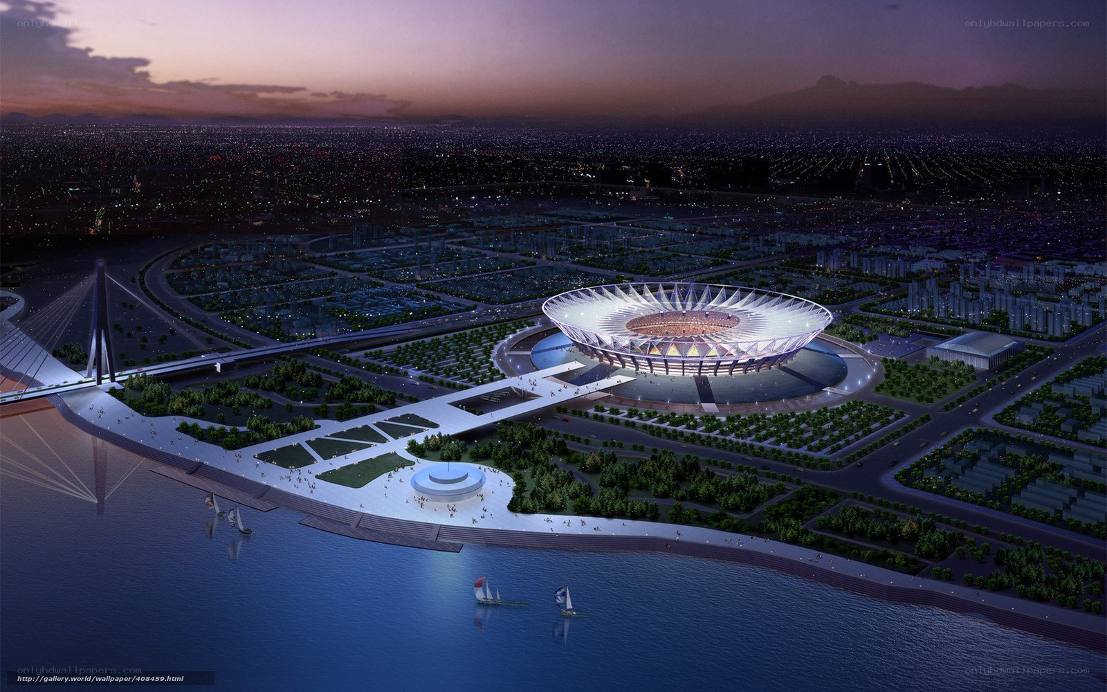Stadium by the river at dusk