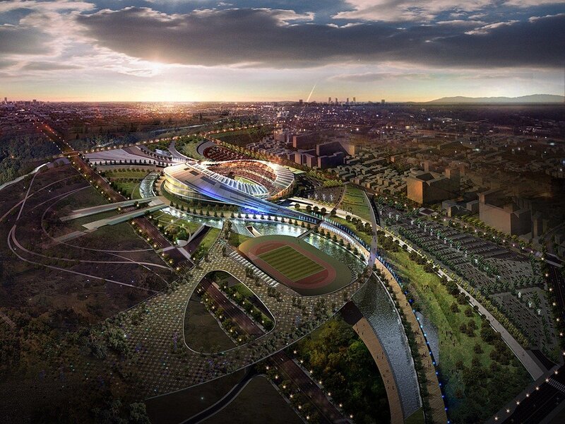 Stadium complex at dusk