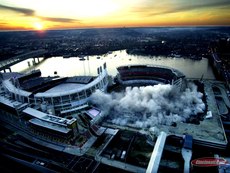 Stadium demolition at sunset