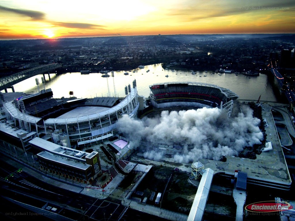 Stadium demolition at sunset